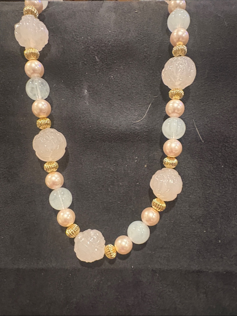 Delicate Pink Pearl & Gold Beaded Necklace with Pale Blue Accents